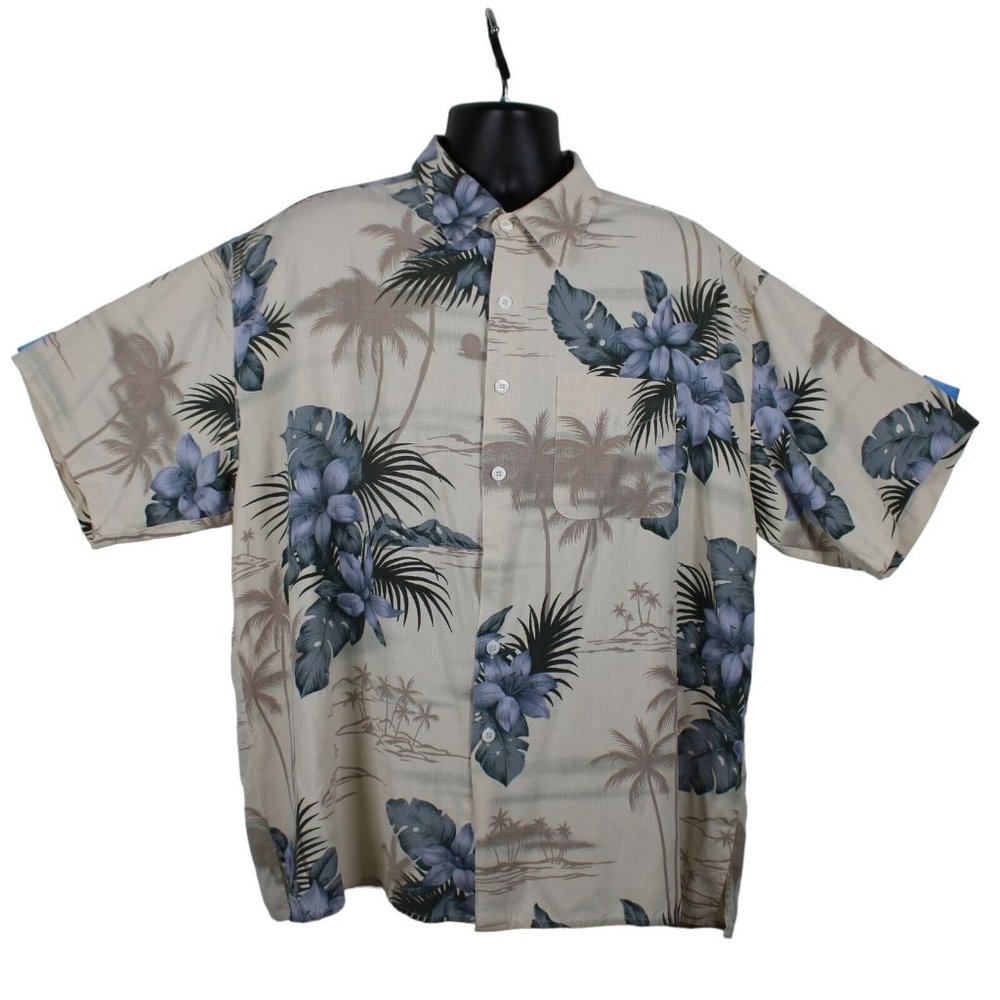 Van Heusen Silk Hawaiian Shirt Button Up Cream Mens XL Hibiscus Palm Branches